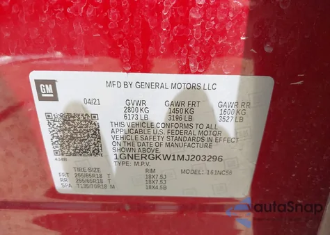 2021 Chevrolet Traverse Fwd Lt Cloth from USA, damaged, VIN 1GNERGKW1MJ203296